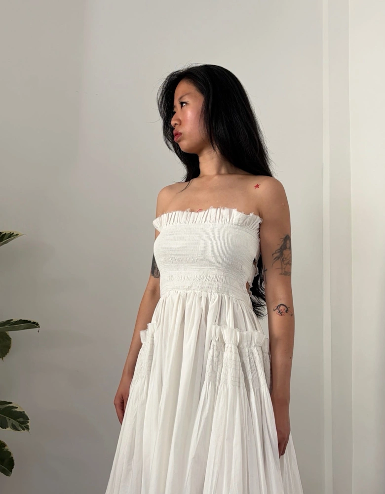 White Cotton Strapless Smocked Maxi Dress