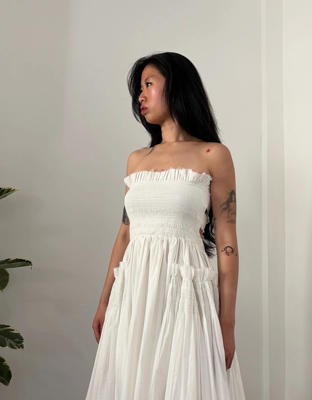 White Cotton Strapless Smocked Maxi Dress