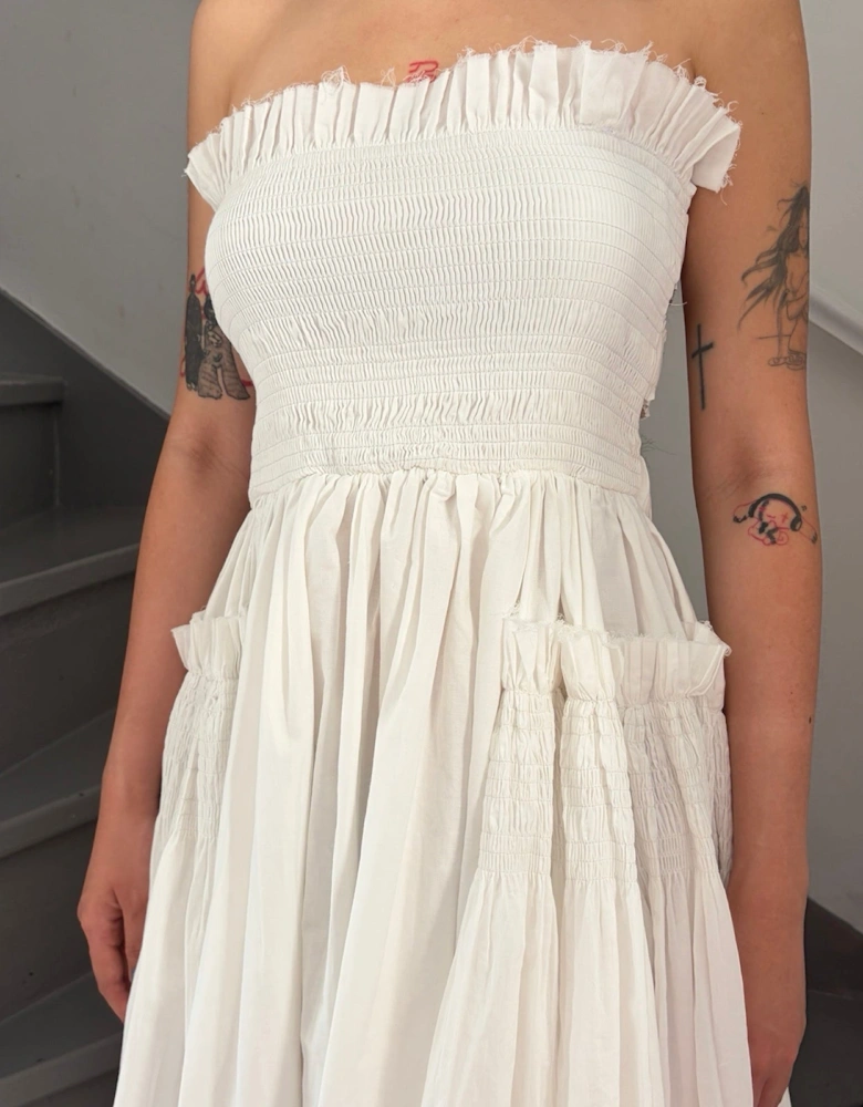 White Cotton Strapless Smocked Maxi Dress