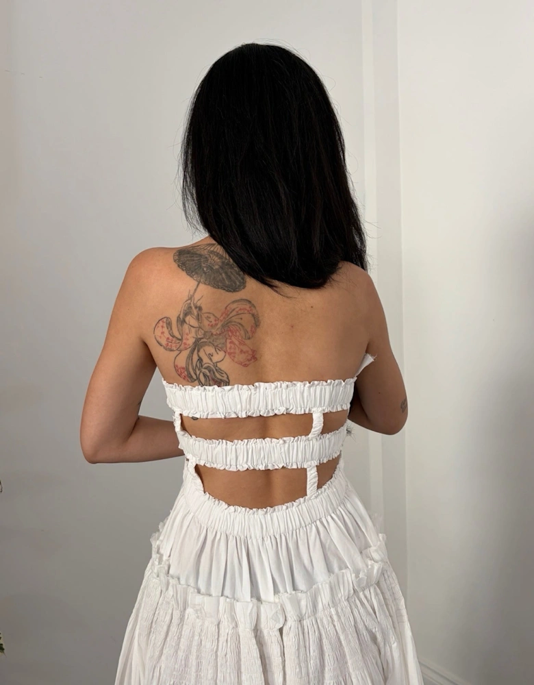 White Cotton Strapless Smocked Maxi Dress