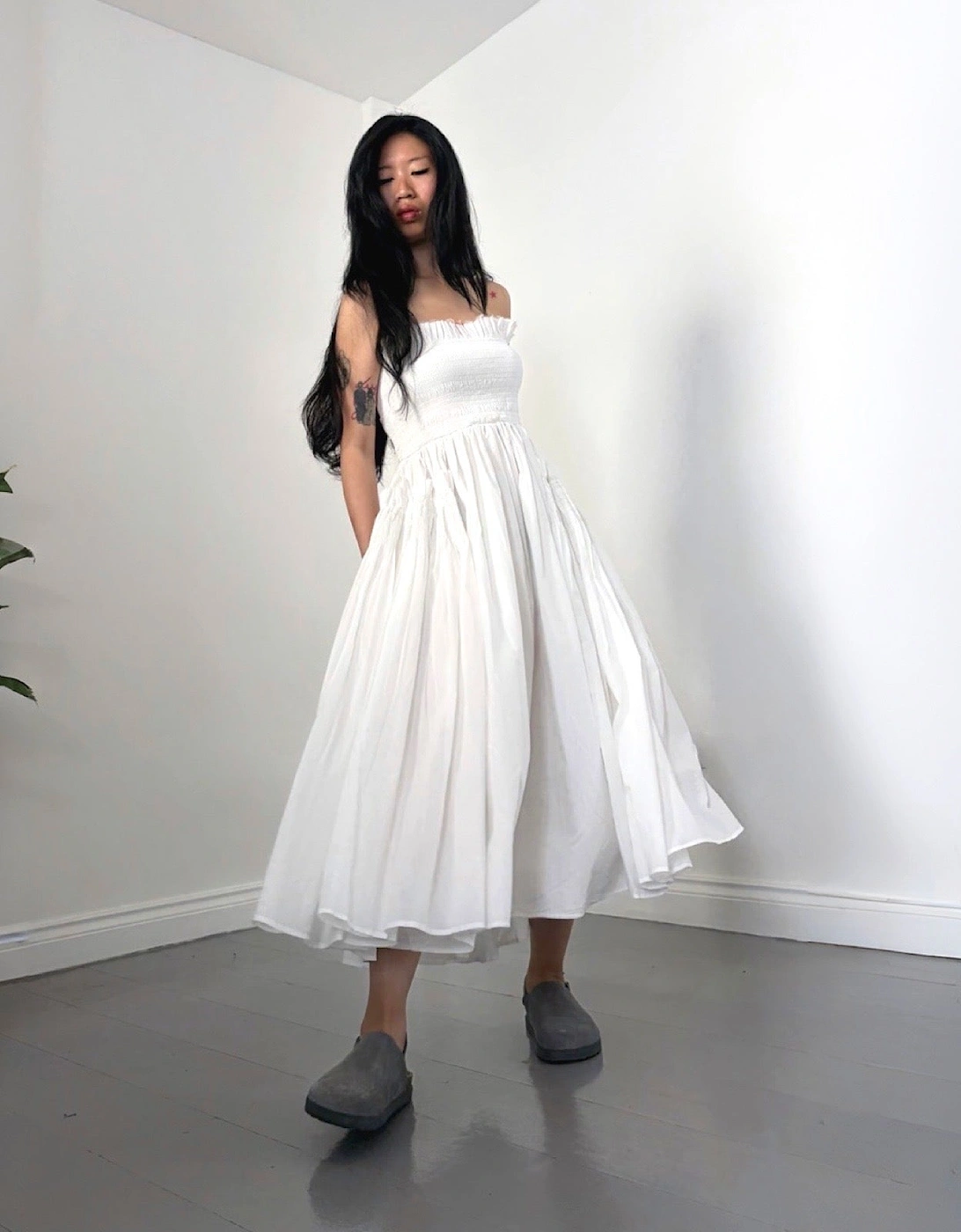 White Cotton Strapless Smocked Maxi Dress