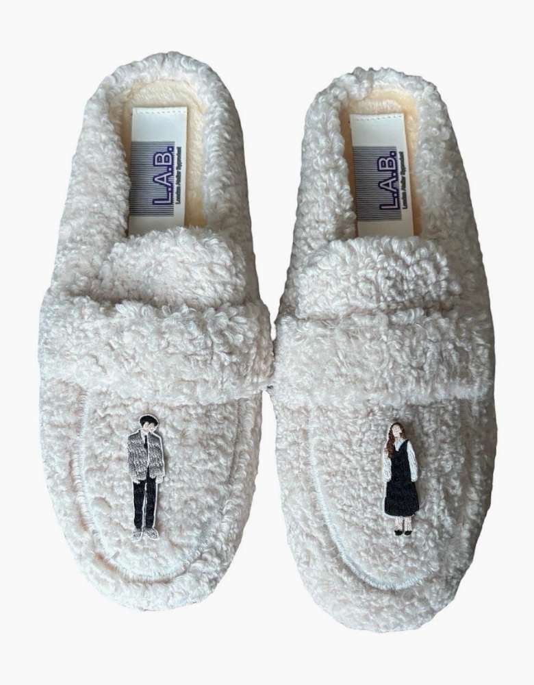 Beige Shearling Mules With Embroidery Patches