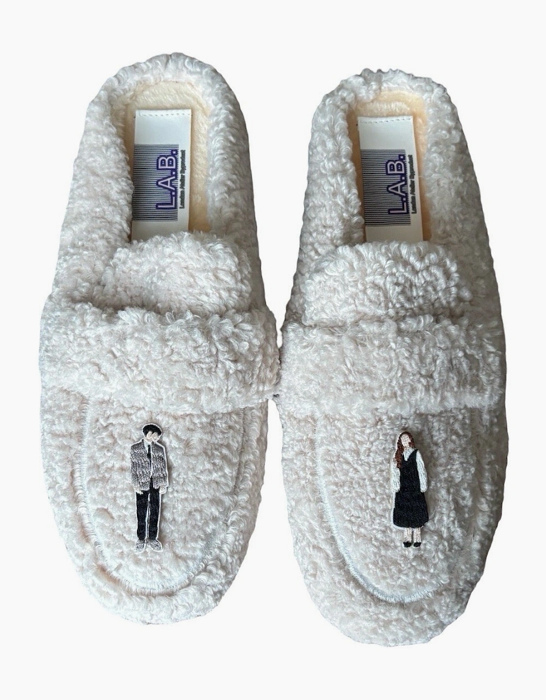 Beige Shearling Mules With Embroidery Patches