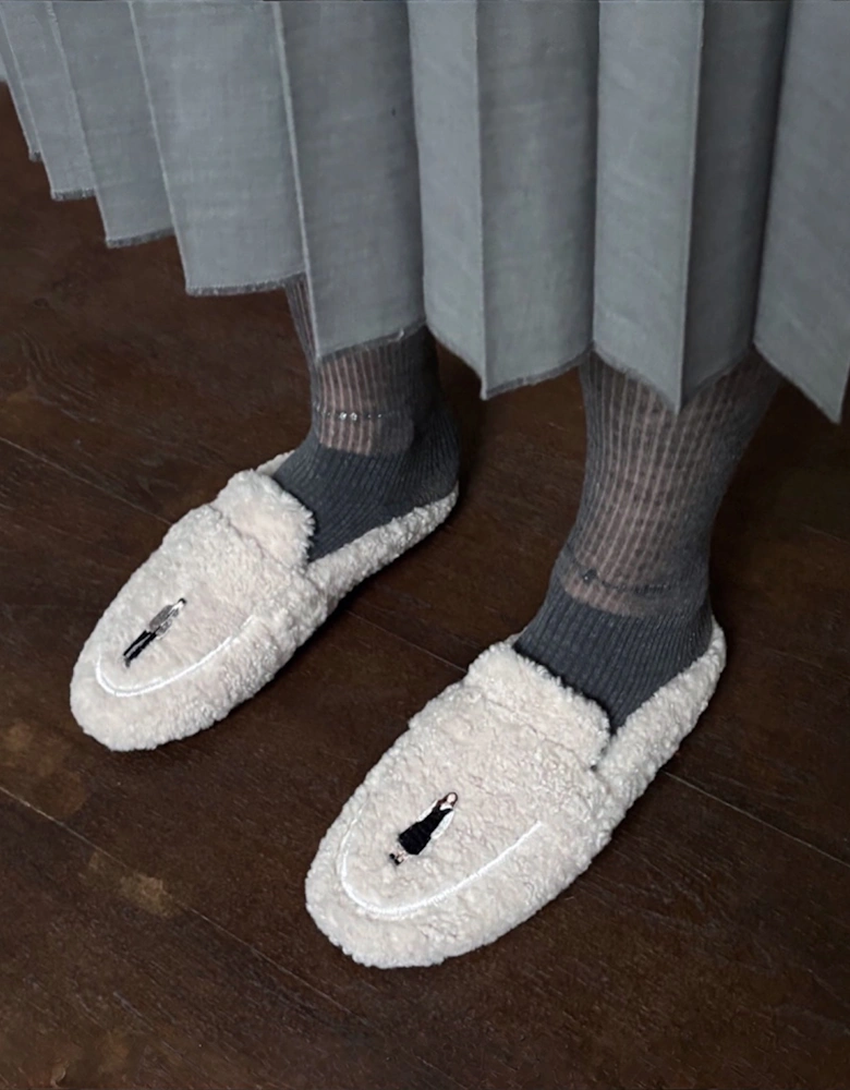 Beige Shearling Mules With Embroidery Patches