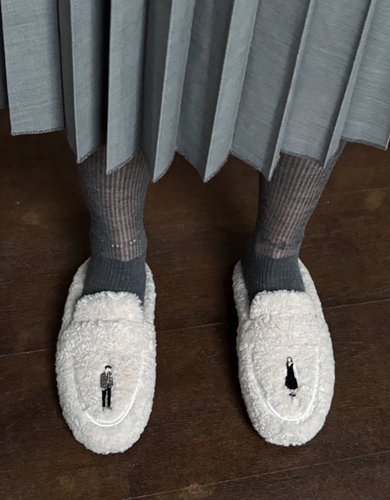 Beige Shearling Mules With Embroidery Patches