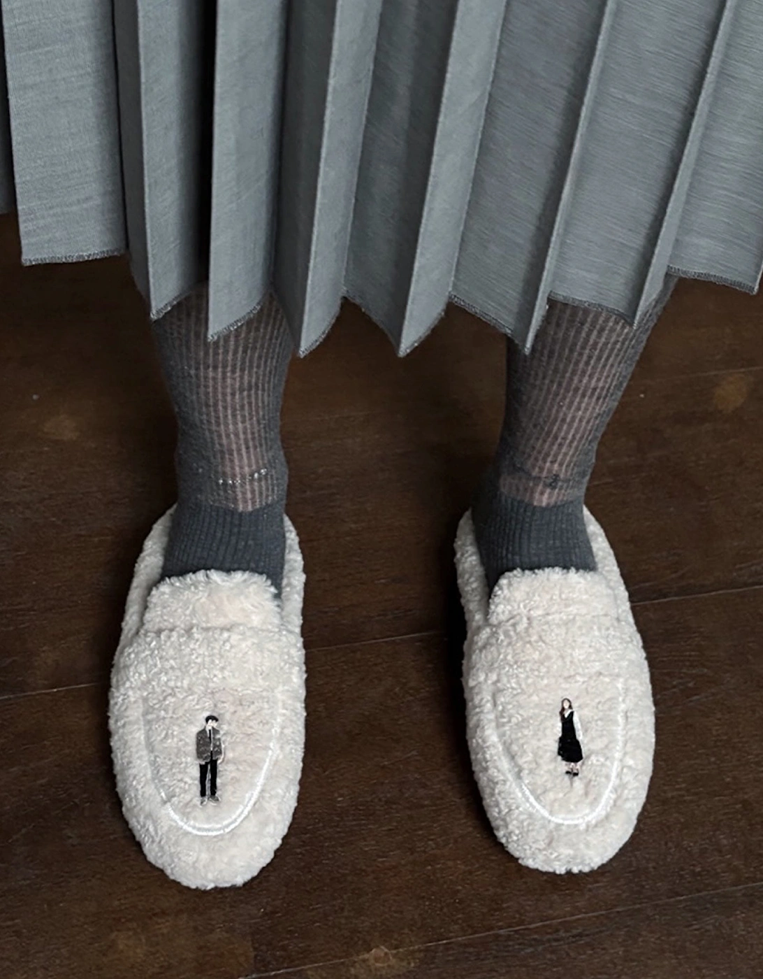 Beige Shearling Mules With Embroidery Patches