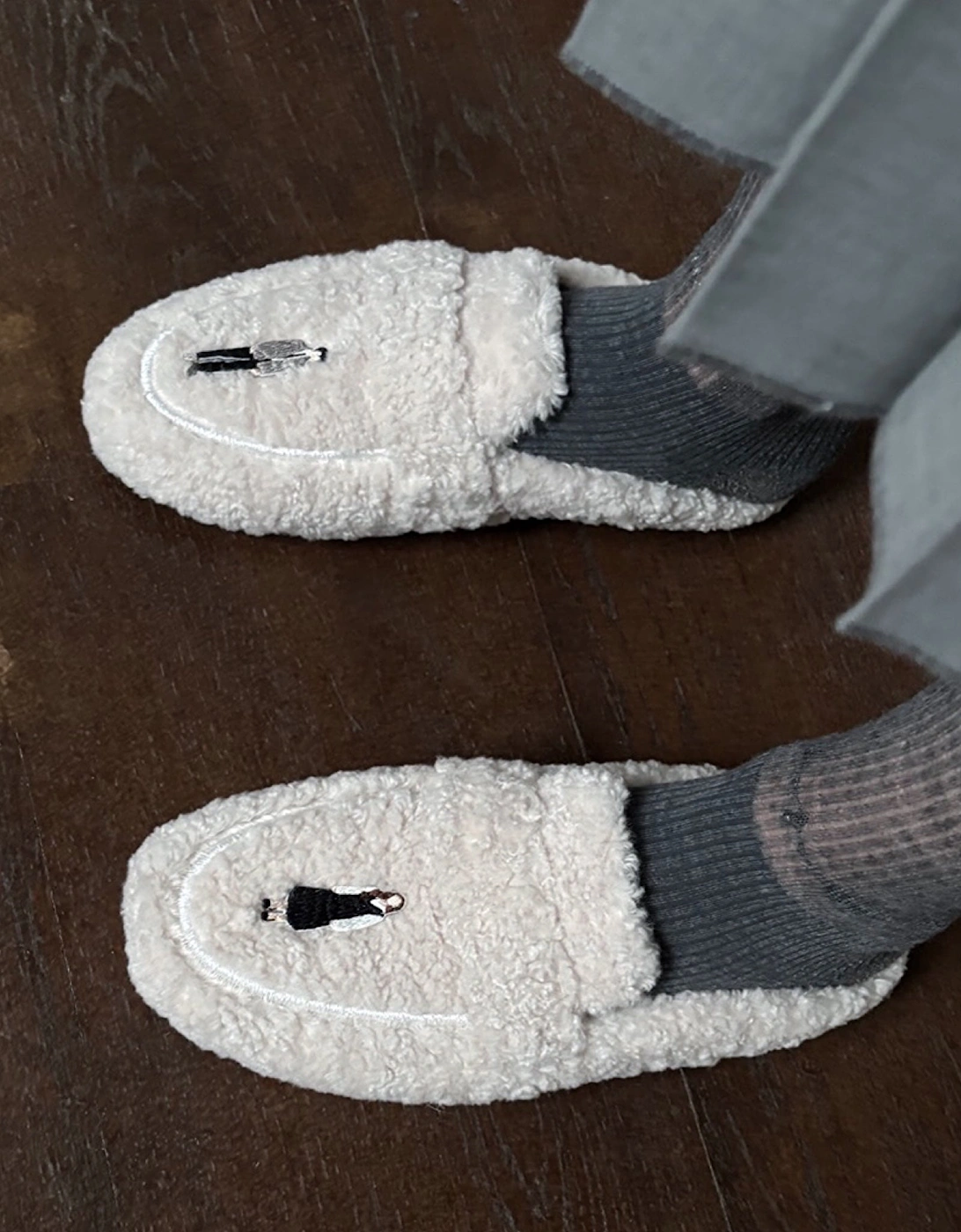 Beige Shearling Mules With Embroidery Patches