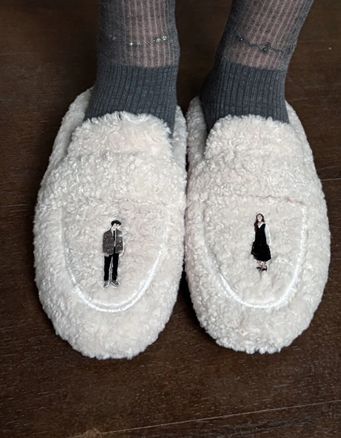 Beige Shearling Mules With Embroidery Patches