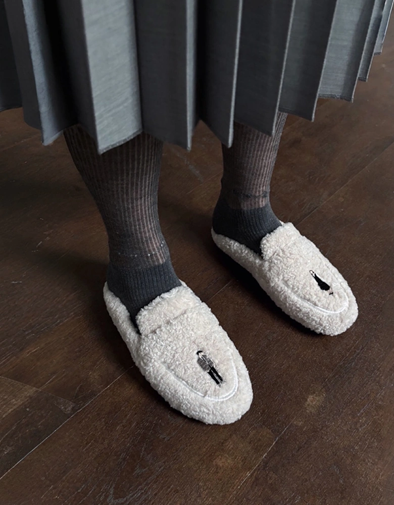 Beige Shearling Mules With Embroidery Patches