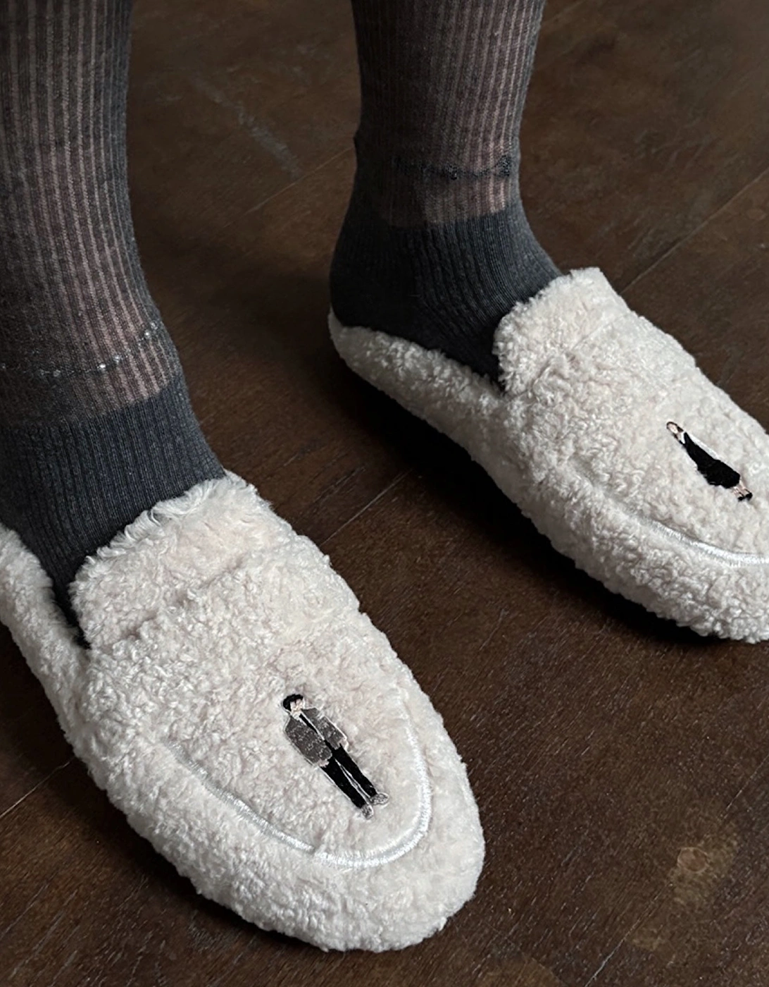 Beige Shearling Mules With Embroidery Patches