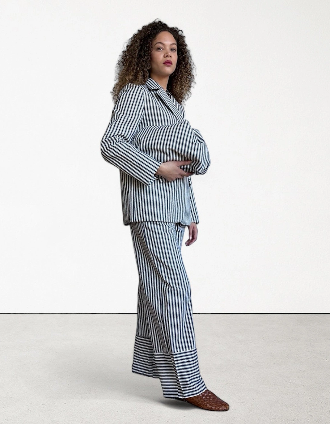 Black White Striped Wide Leg Trousers