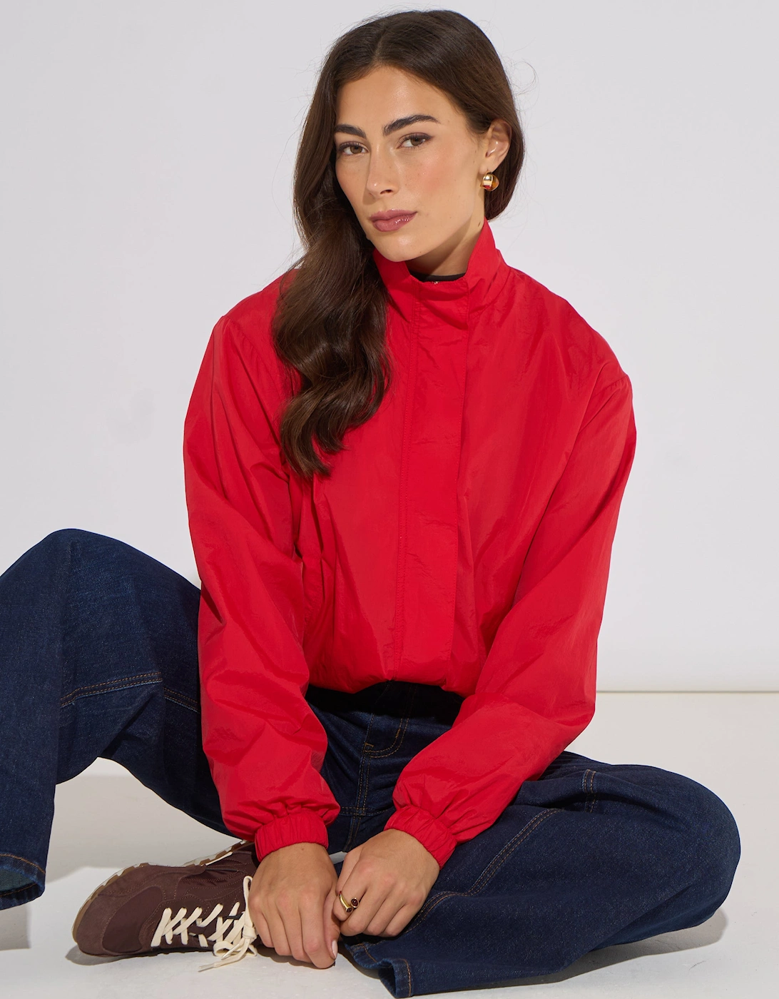 Red Funnel Neck Windbreaker Jacket