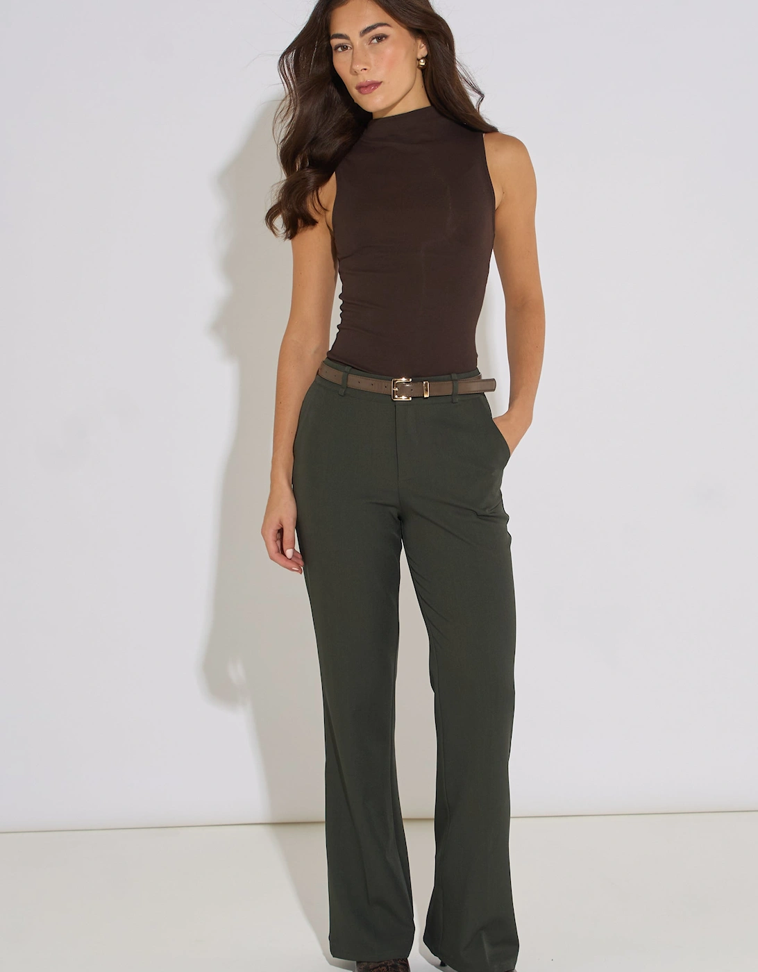 Green Wide Leg Belted Tailoring Trouser