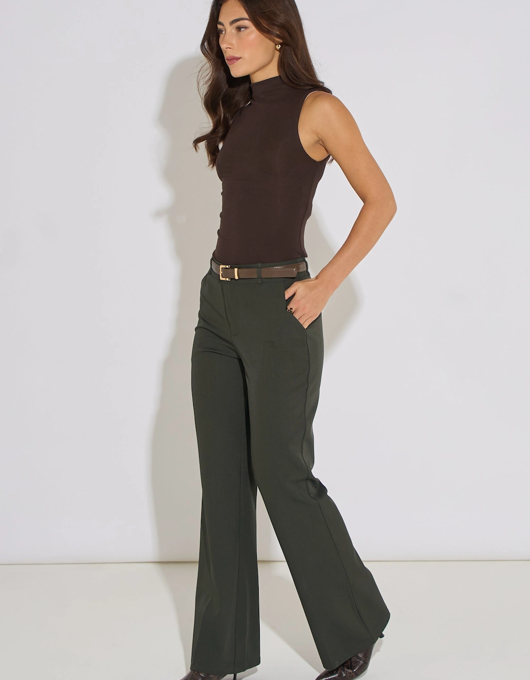 Green Wide Leg Belted Tailoring Trouser