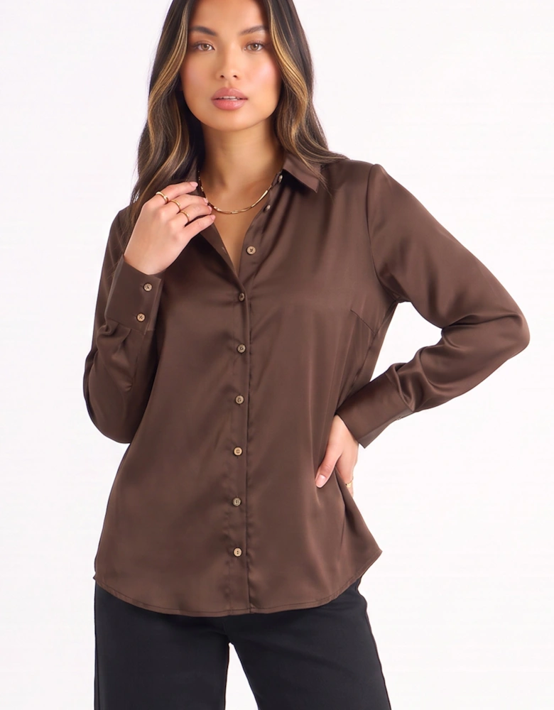Brown Satin Loose Fit Button Through Shirt