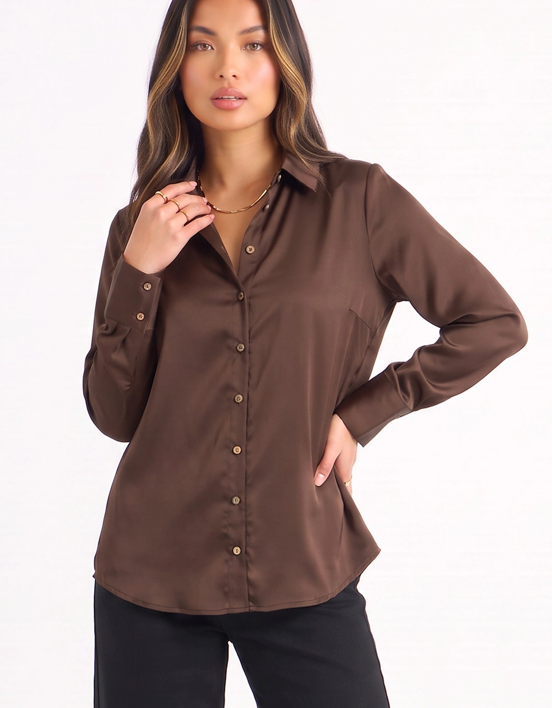 Brown Satin Loose Fit Button Through Shirt
