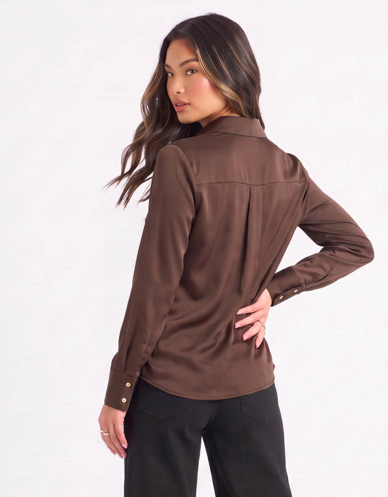 Brown Satin Loose Fit Button Through Shirt