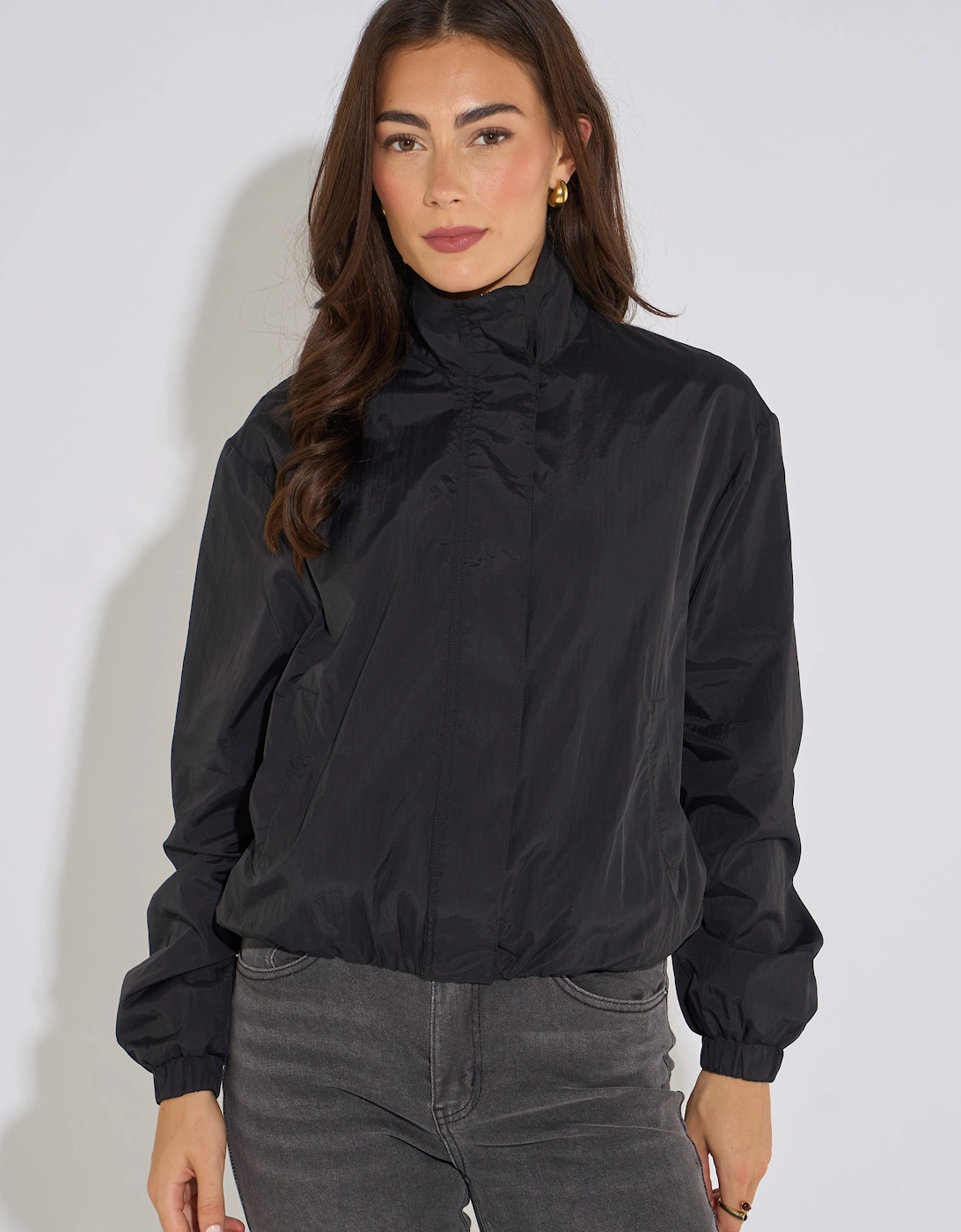 Black Funnel Neck Windbreaker Jacket