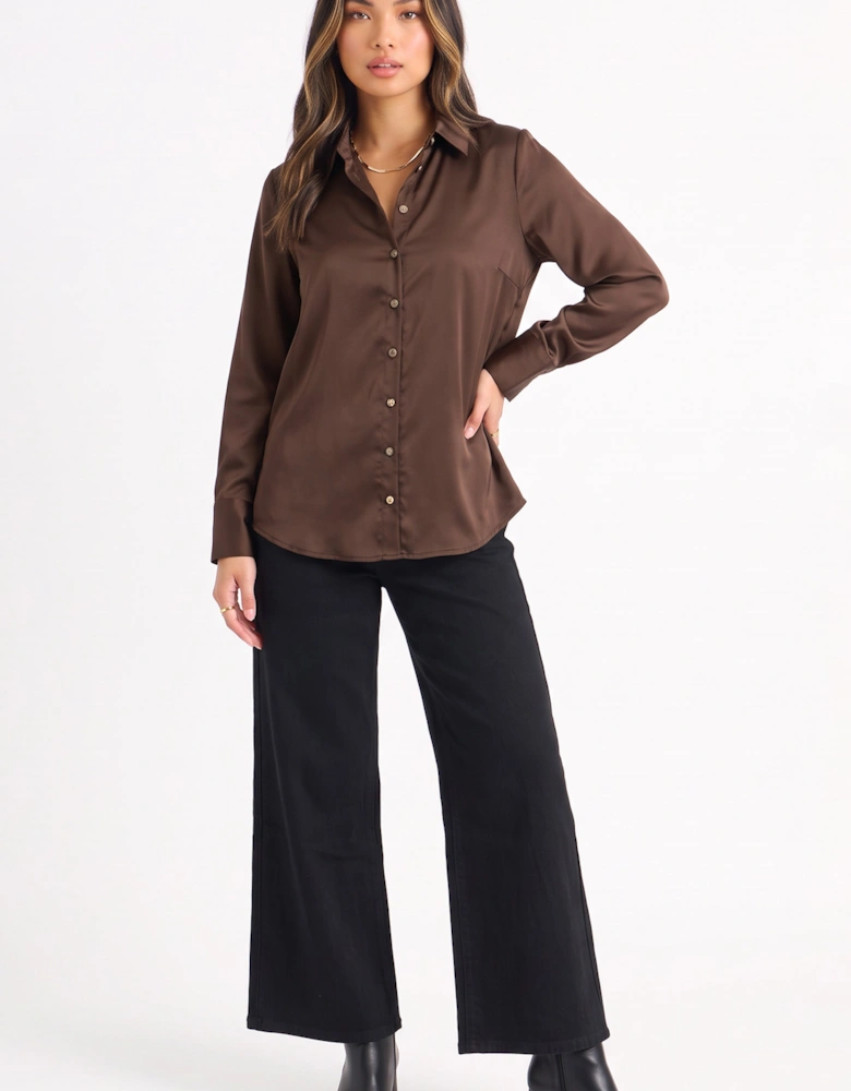 Brown Satin Loose Fit Button Through Shirt