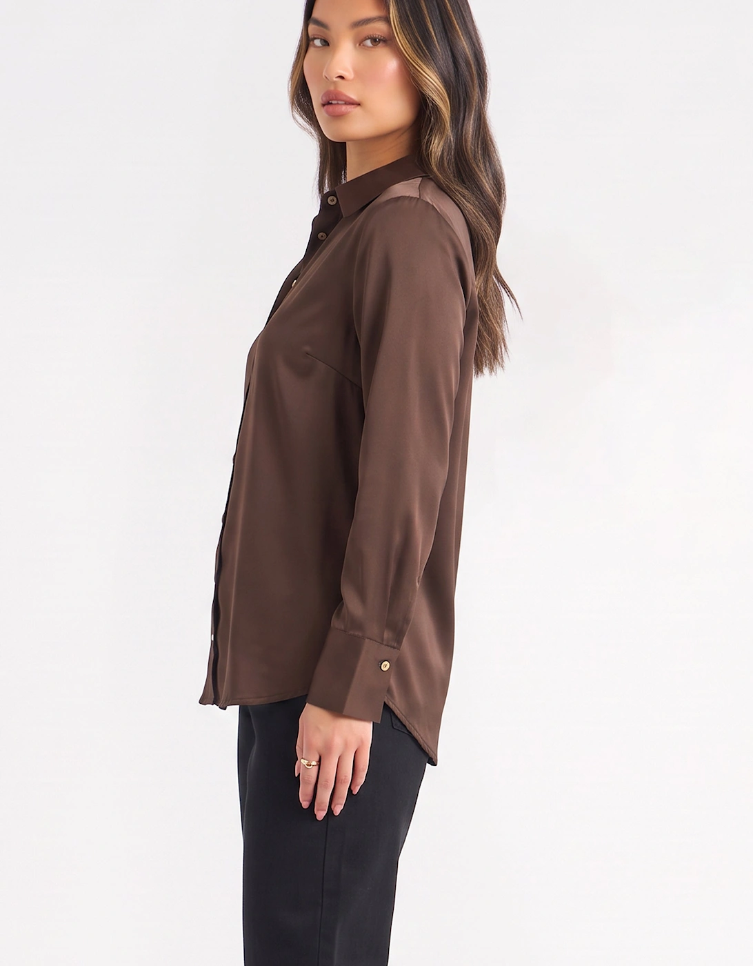 Brown Satin Loose Fit Button Through Shirt