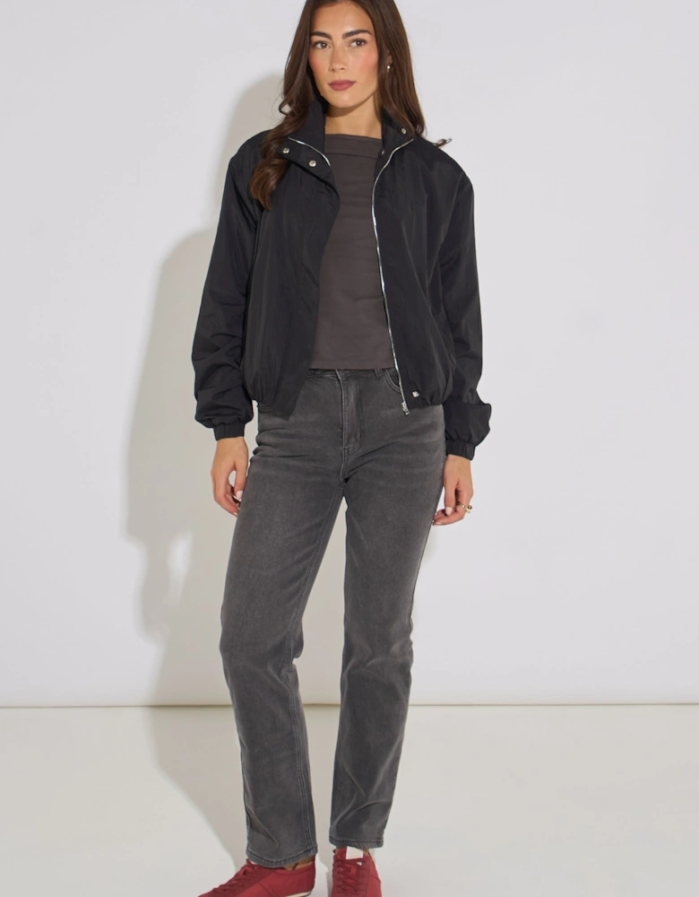 Black Funnel Neck Windbreaker Jacket
