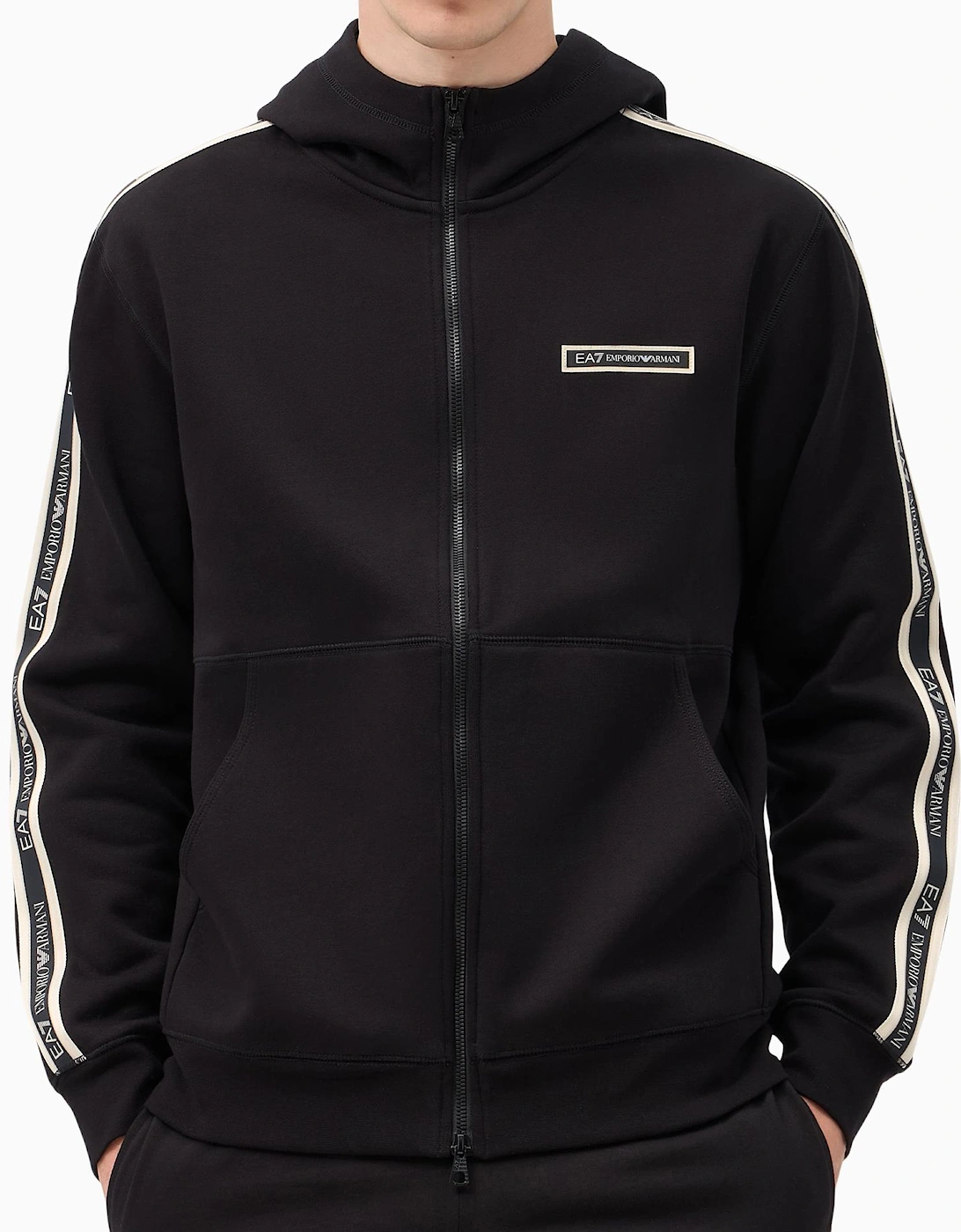 Tape Logo Zip Up Cotton Black Hoodie