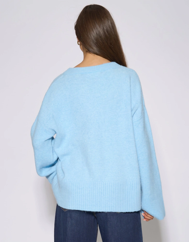 Bright Blue V Neck Recycle Mix Knit Jumper