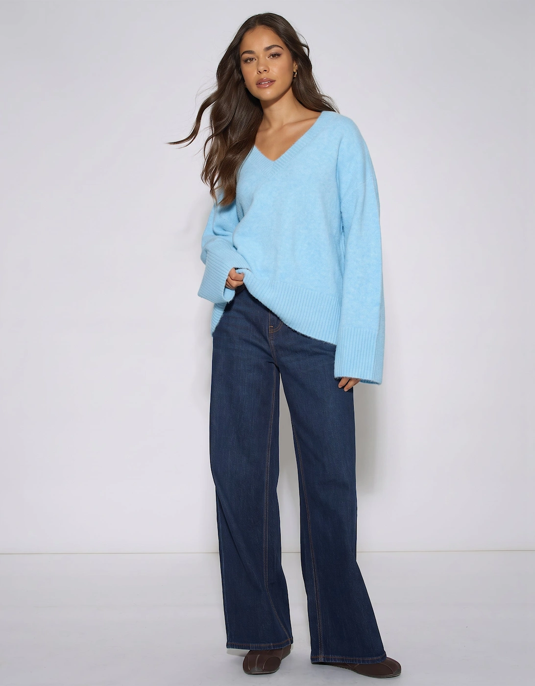 Bright Blue V Neck Recycle Mix Knit Jumper