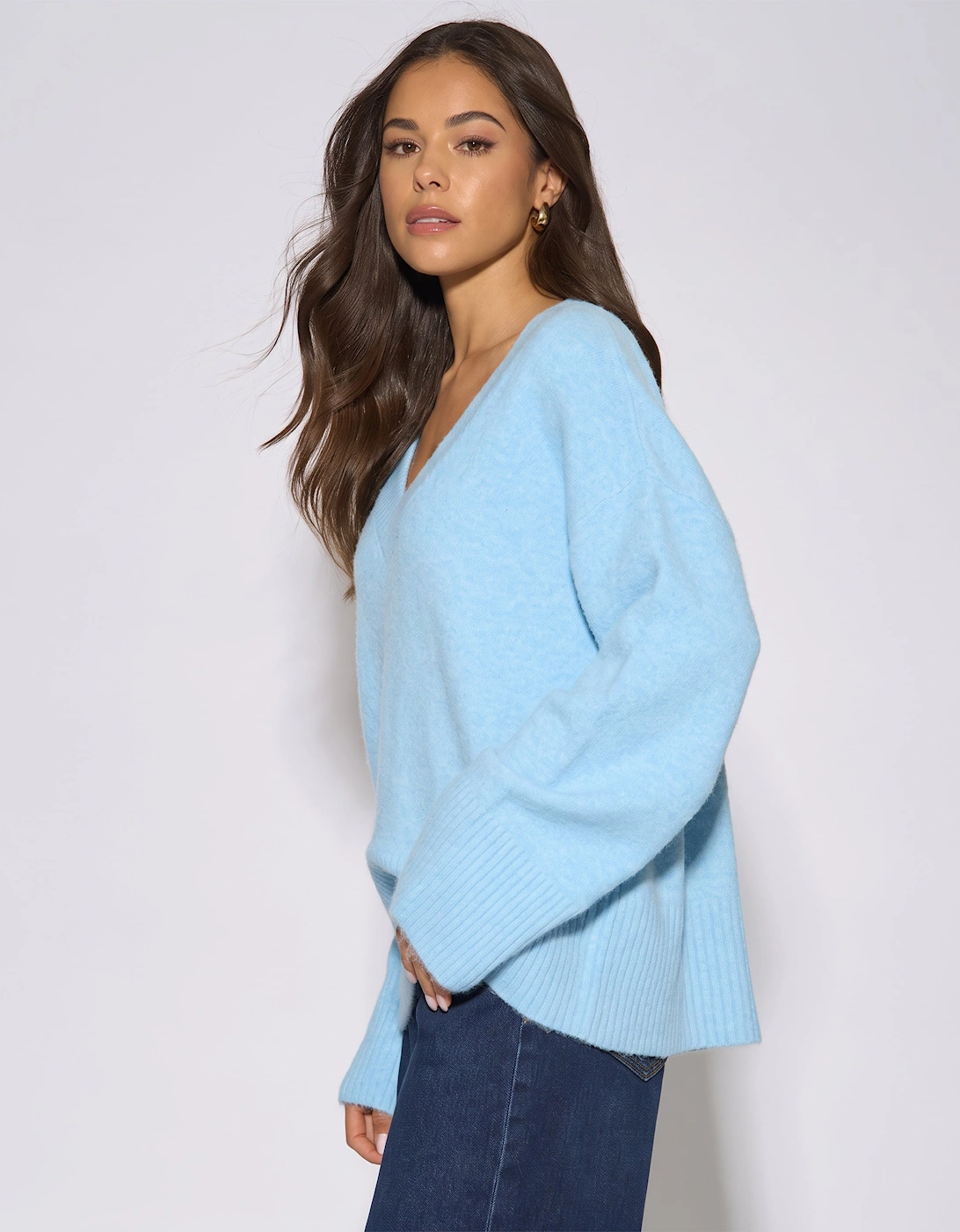 Bright Blue V Neck Recycle Mix Knit Jumper