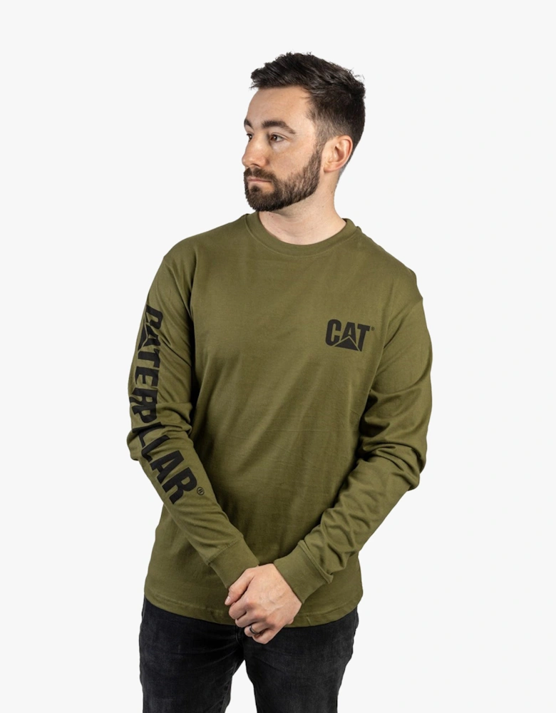 CAT TRADEMARK BANNER Mens Cotton Long Sleeve T-Shirt Green