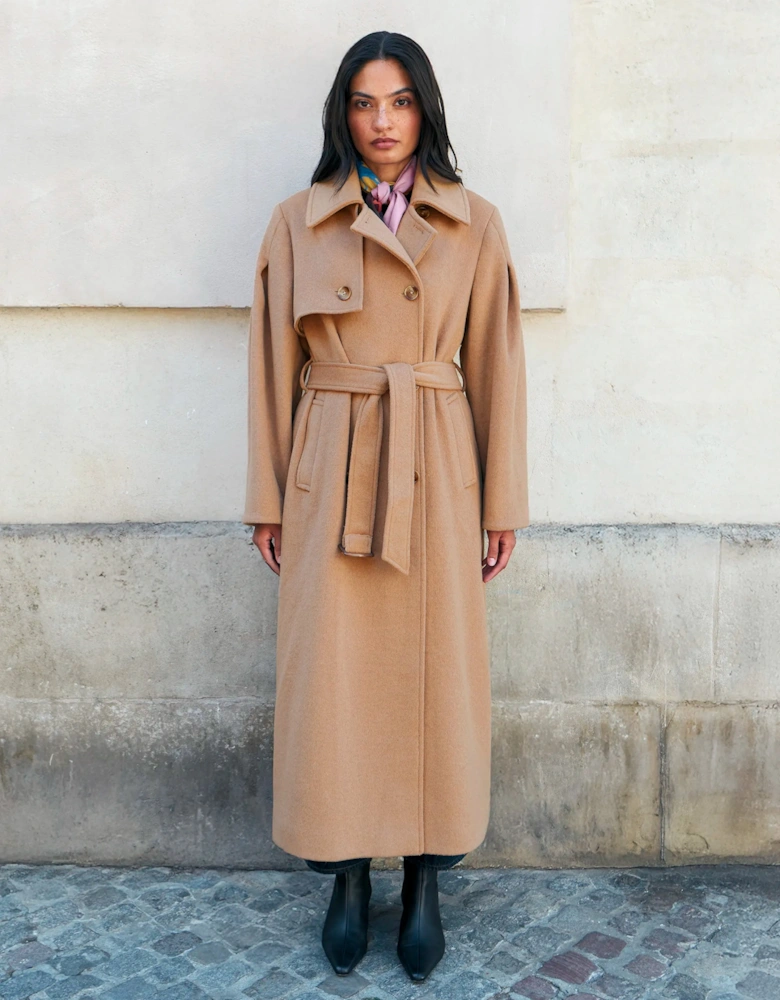 Petite Camel Wool Blend Trench Coat