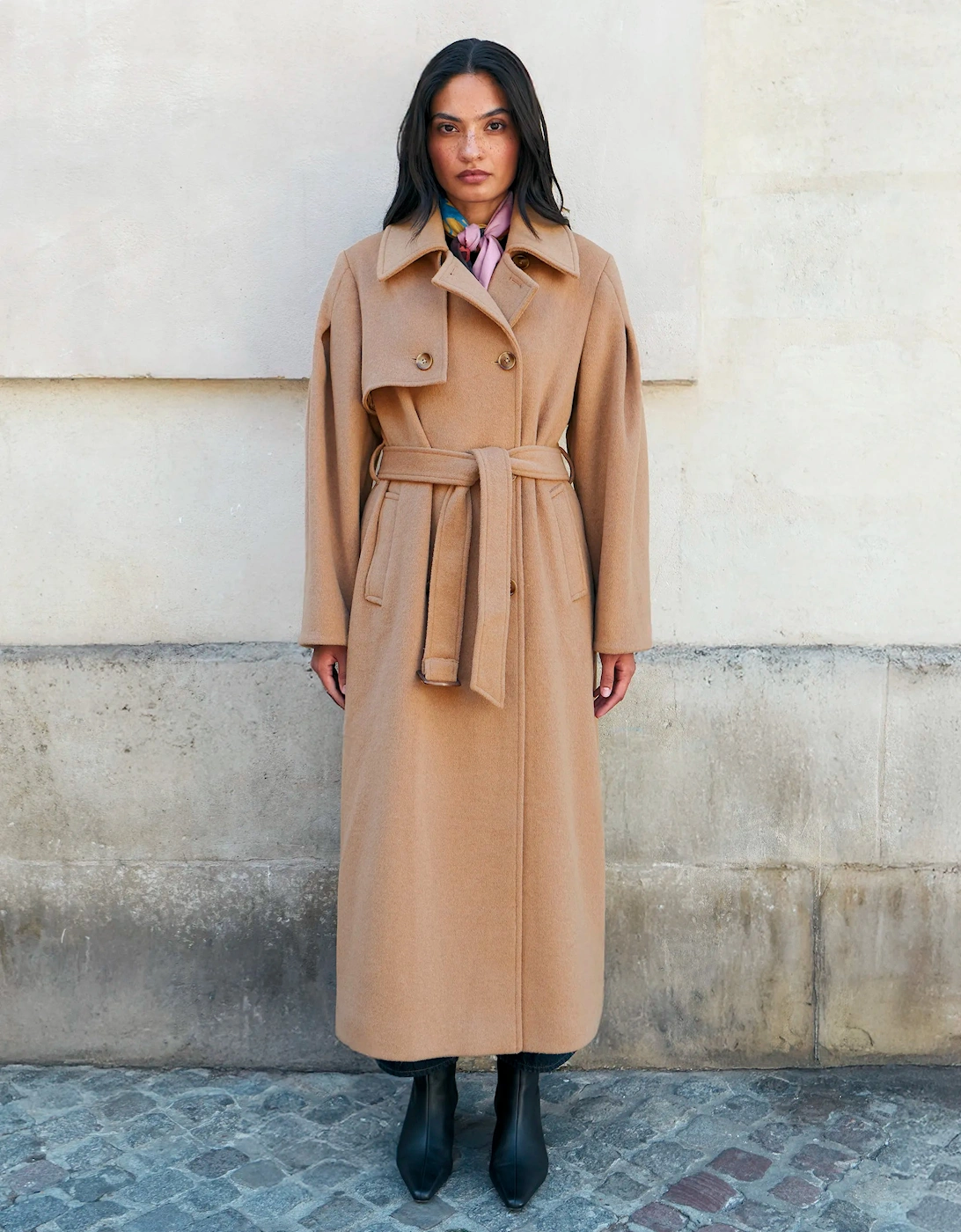 Petite Camel Wool Blend Trench Coat