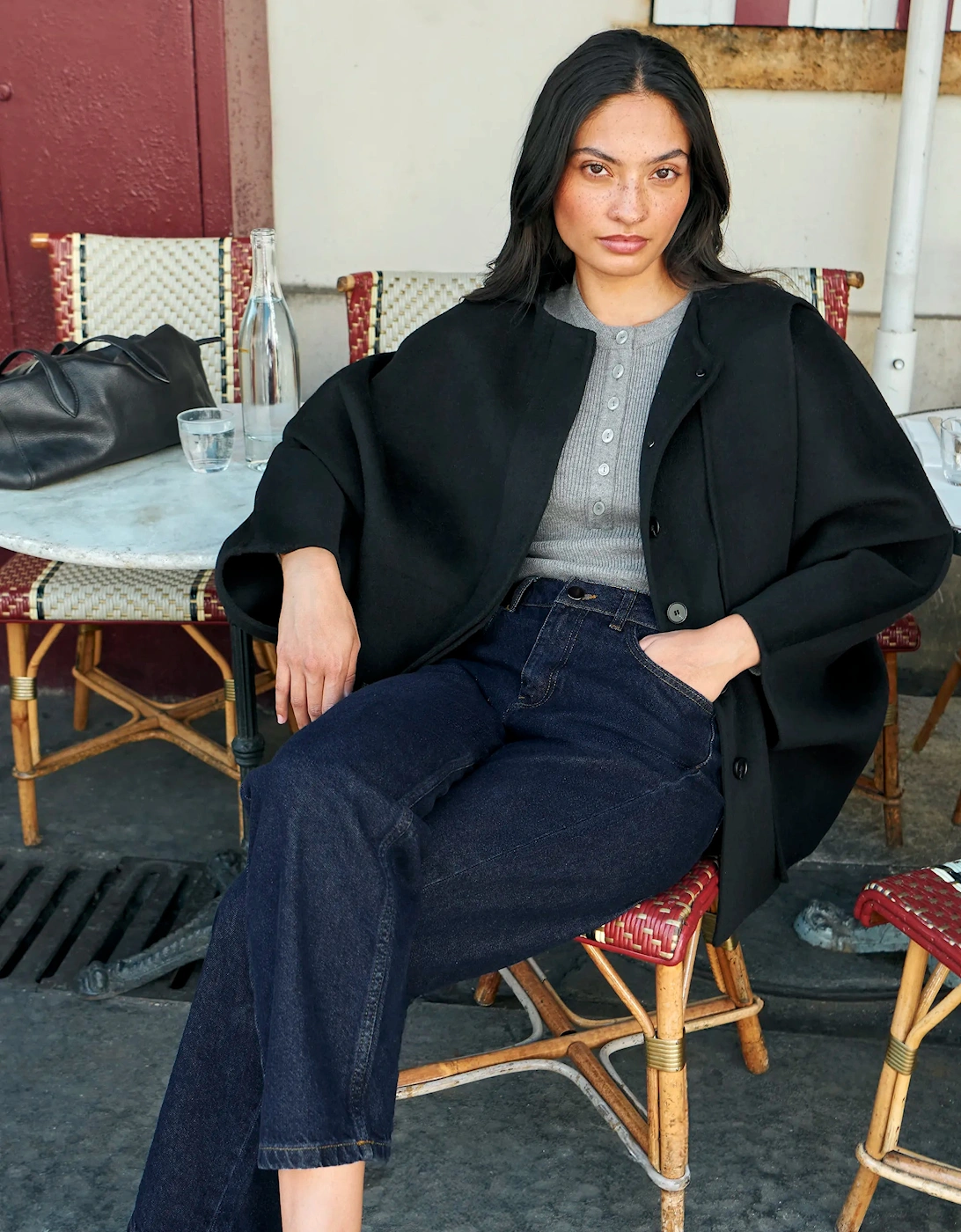 Petite Black Double-Faced Neckerchief Cape With Wool