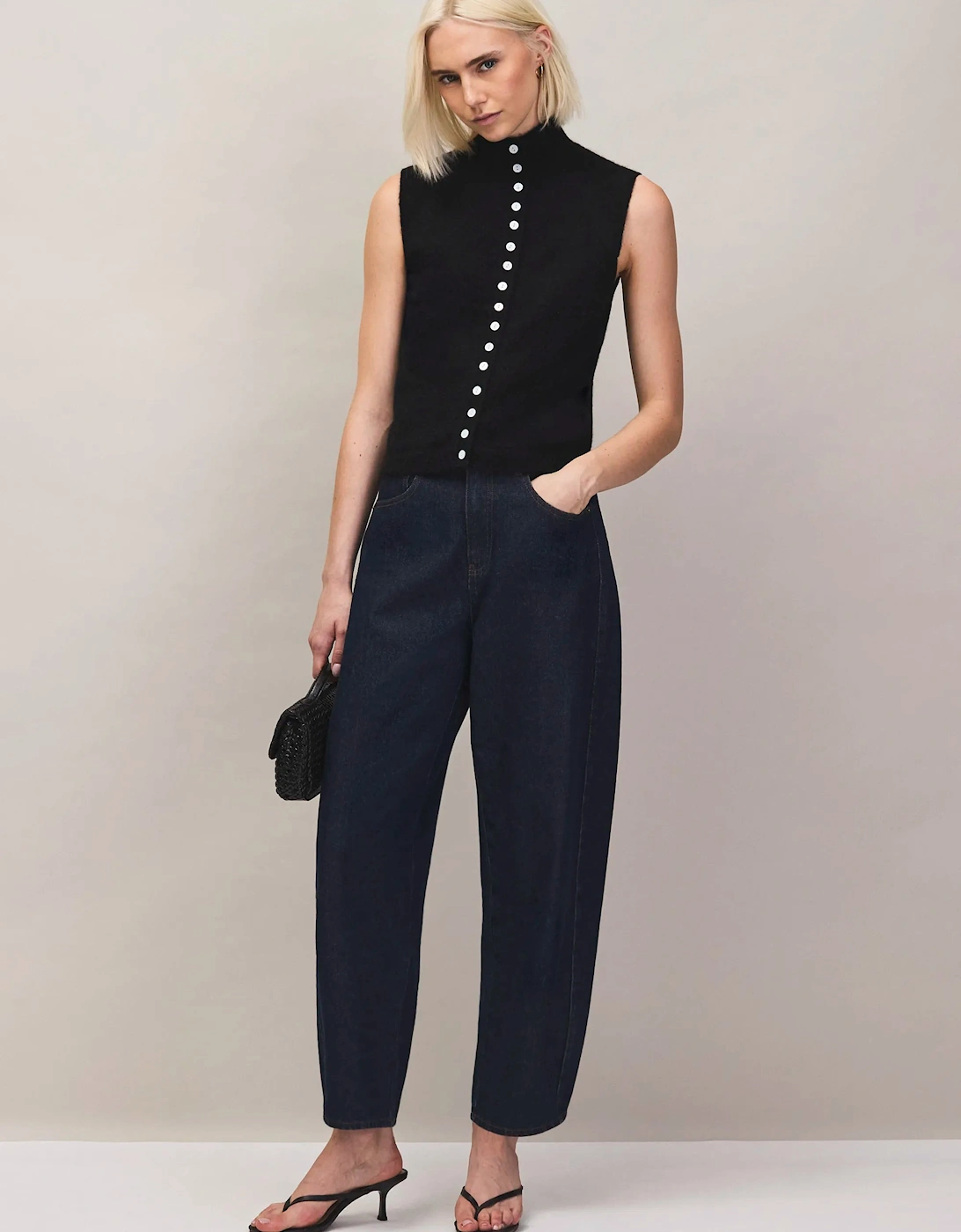 Black Pearl Button Through Knit Top With Wool And Alpaca