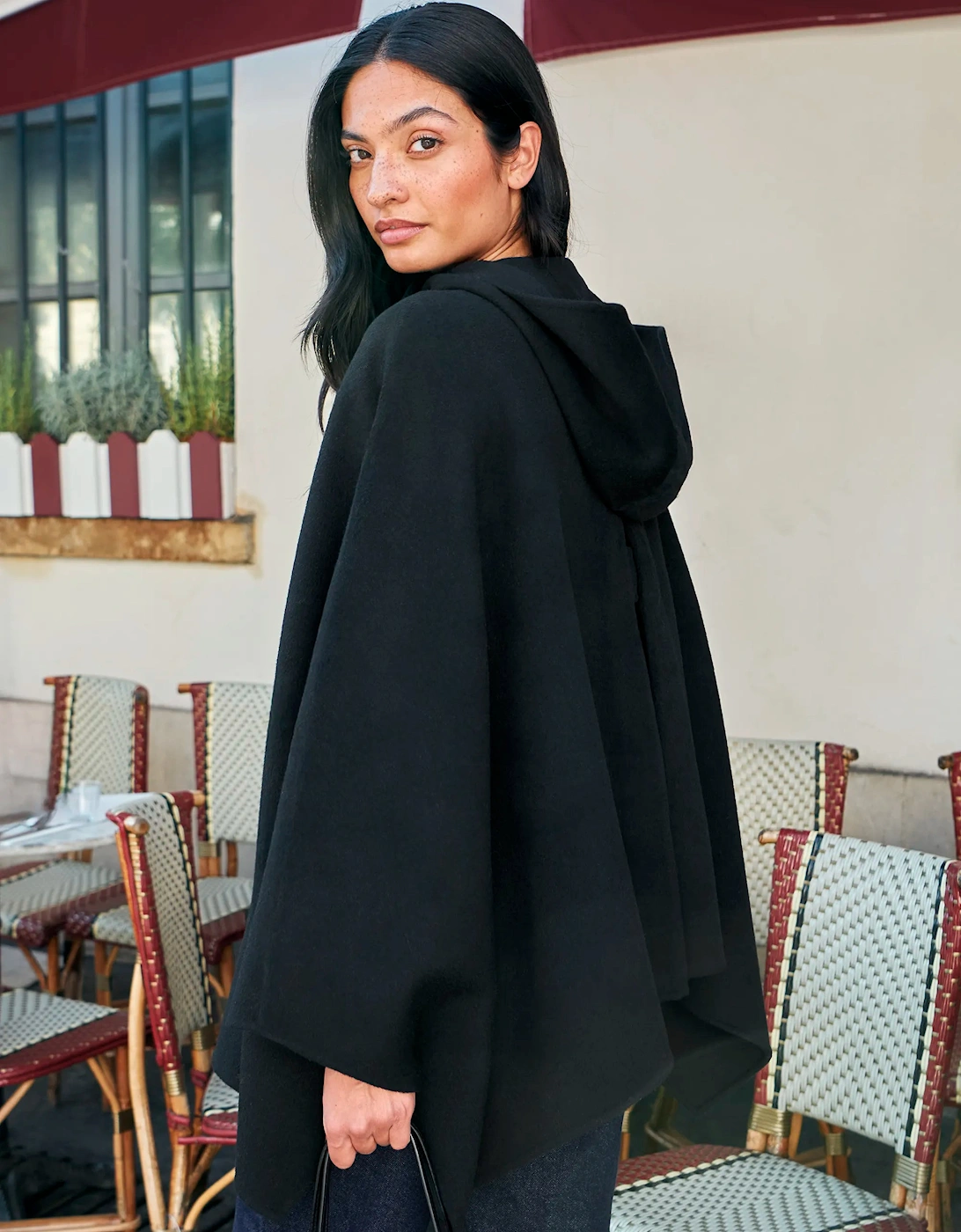 Petite Black Double-Faced Neckerchief Cape With Wool