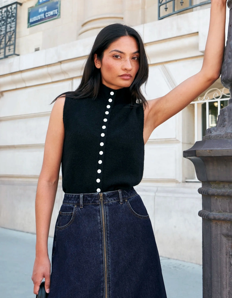 Black Pearl Button Through Knit Top With Wool And Alpaca
