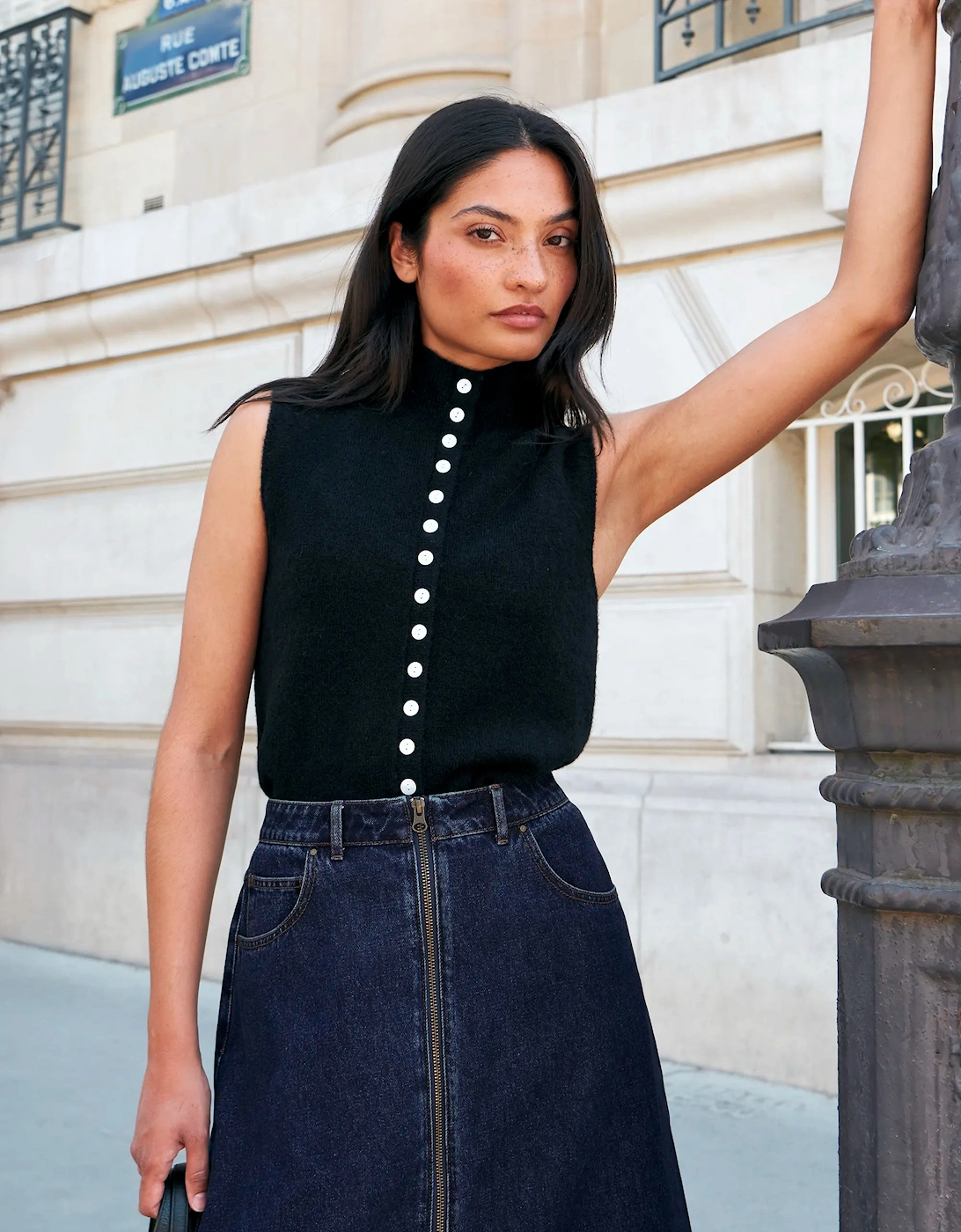 Black Pearl Button Through Knit Top With Wool And Alpaca