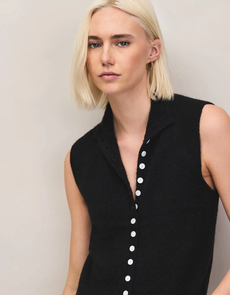 Black Pearl Button Through Knit Top With Wool And Alpaca