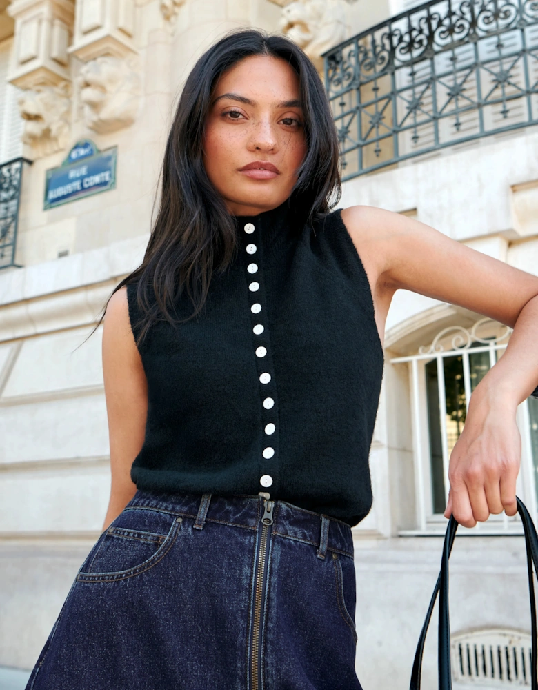 Black Pearl Button Through Knit Top With Wool And Alpaca
