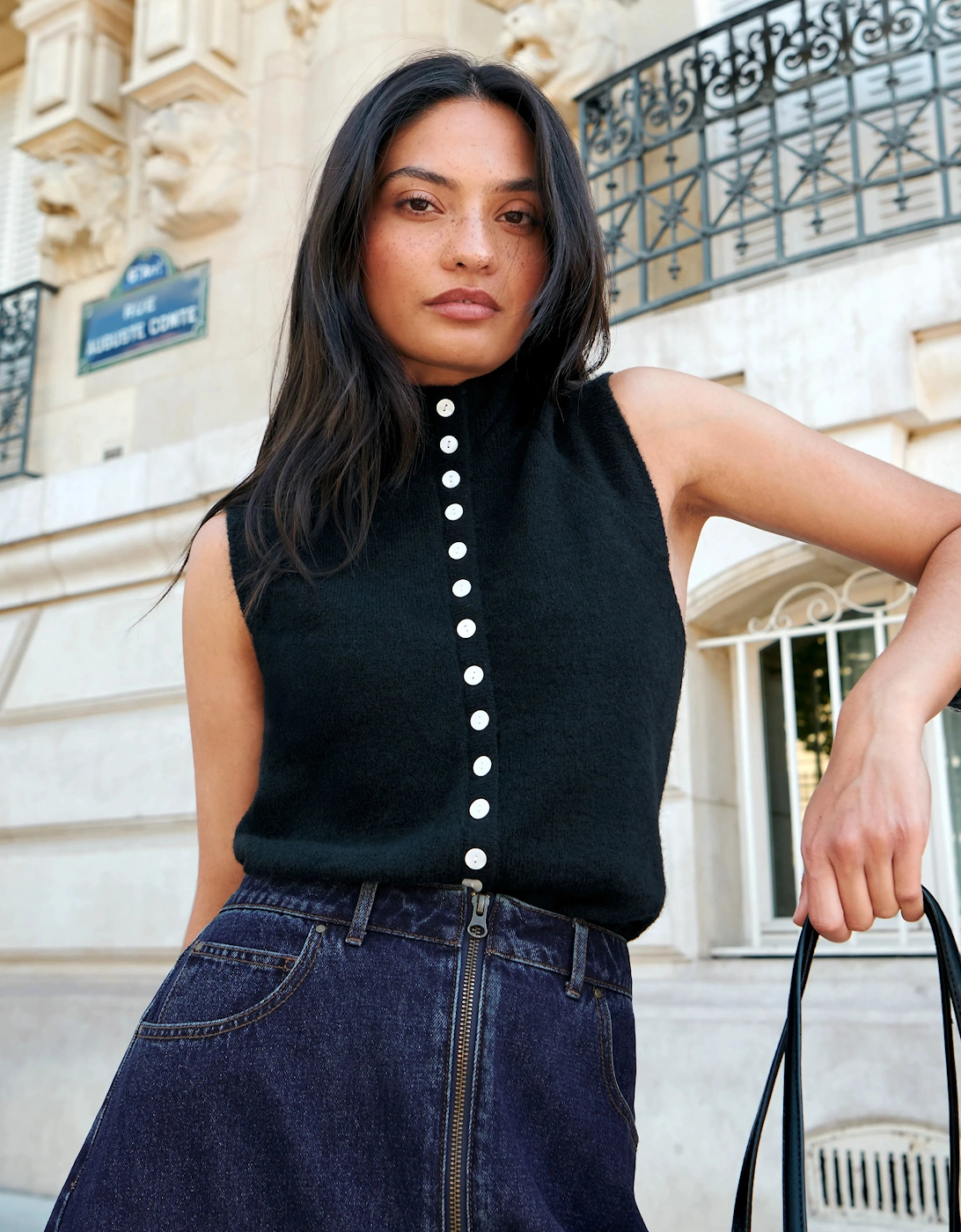 Black Pearl Button Through Knit Top With Wool And Alpaca