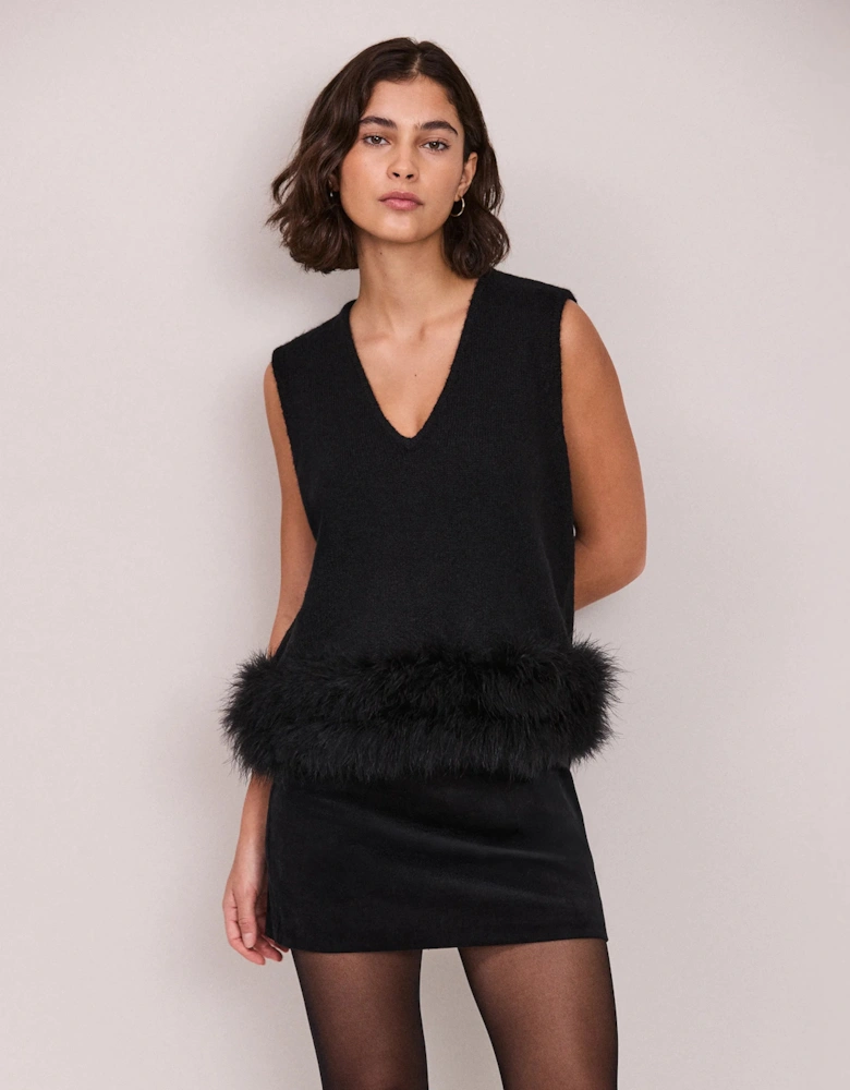 Black Feather Trim Knit Vest