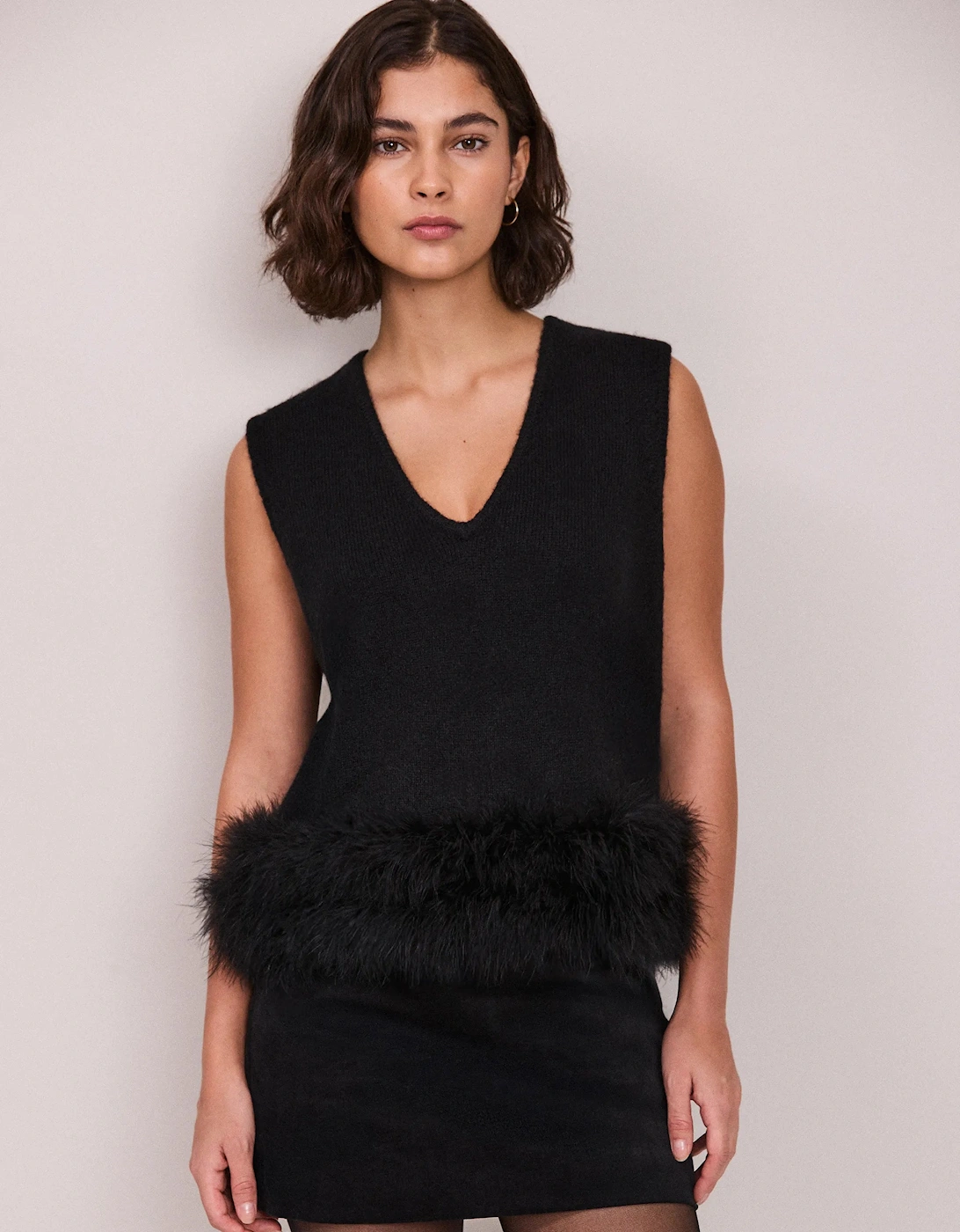 Black Feather Trim Knit Vest