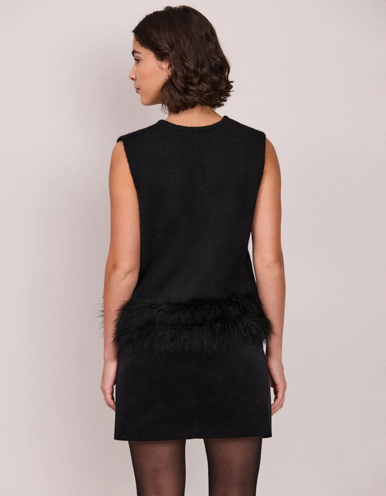 Black Feather Trim Knit Vest