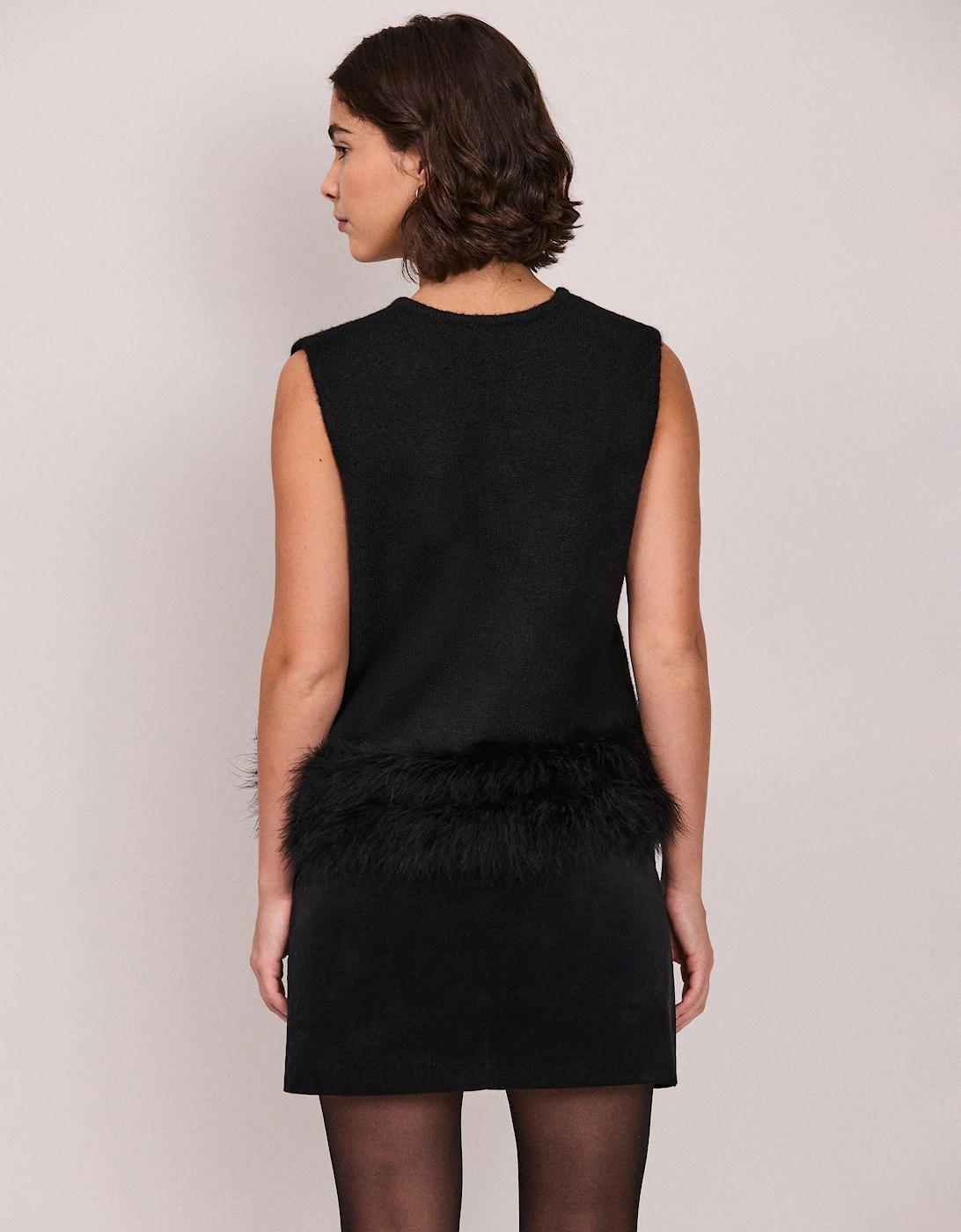 Black Feather Trim Knit Vest
