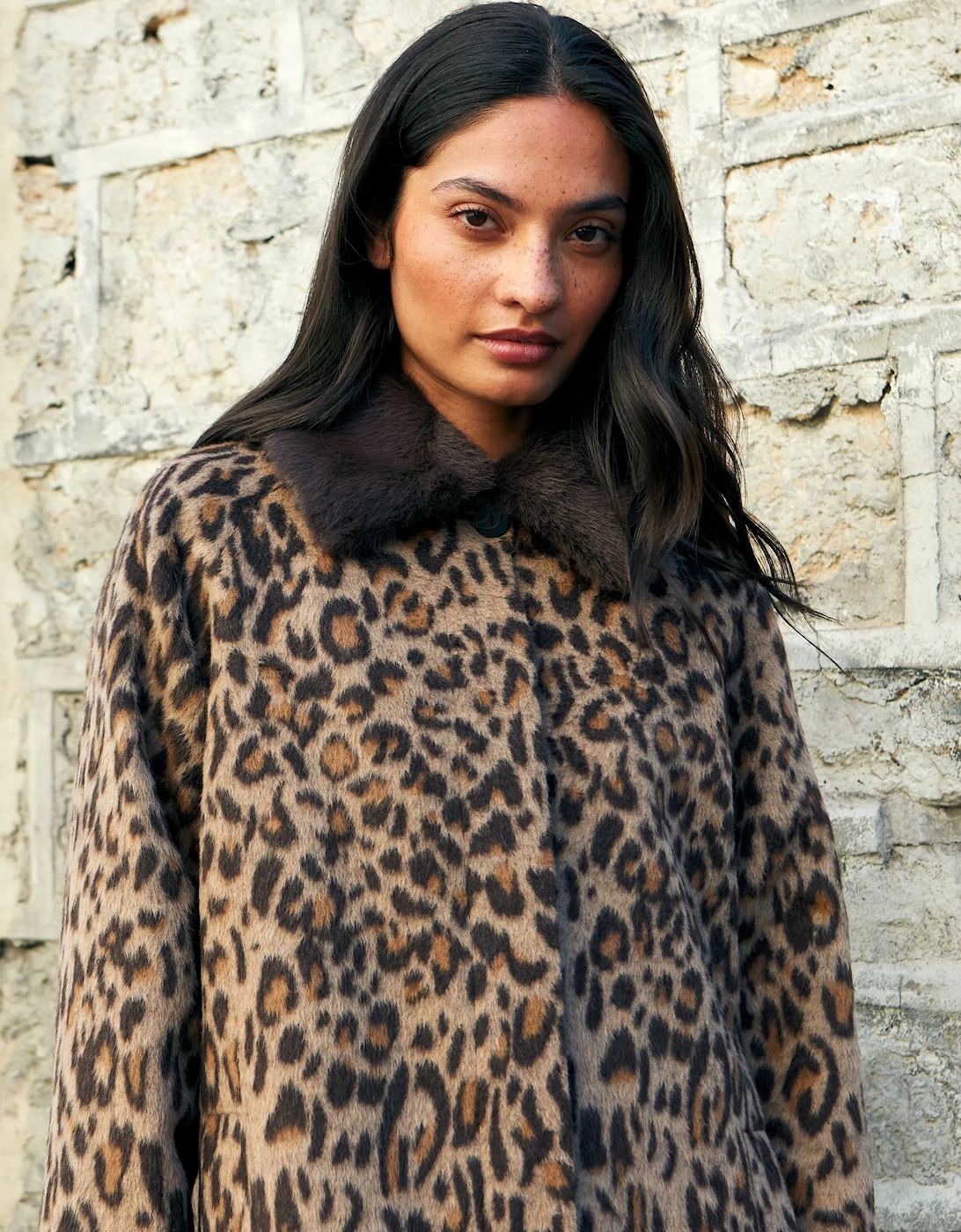 Leopard Print Car Coat With Wool