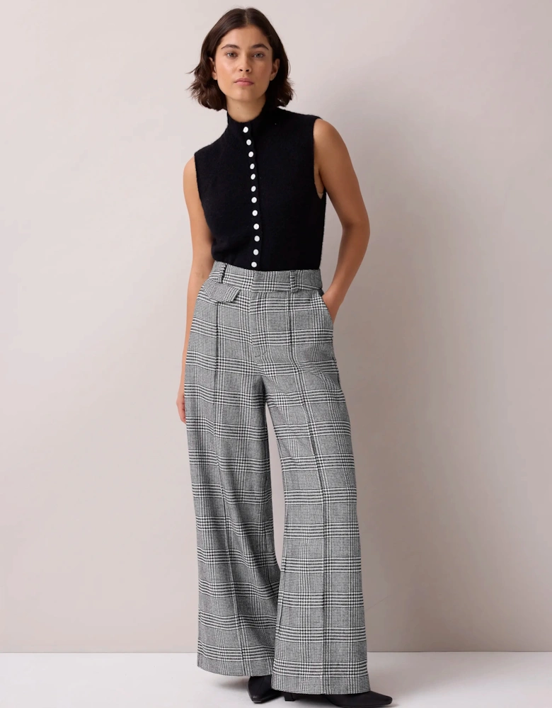 Petite Mono Check Wide Leg Trousers With Wool