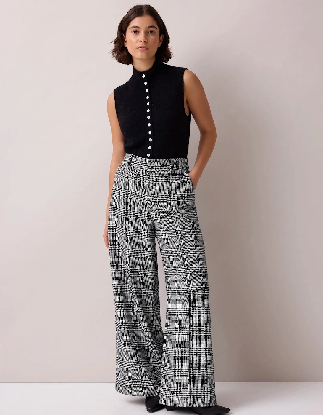 Petite Mono Check Wide Leg Trousers With Wool