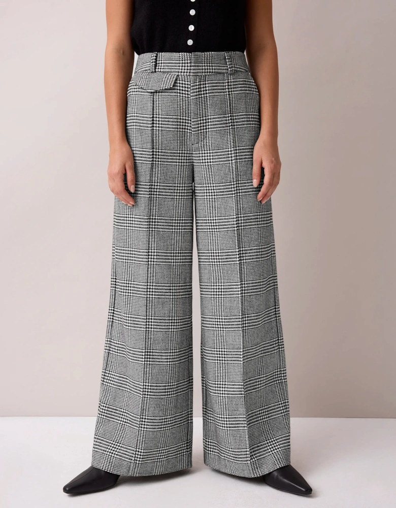 Petite Mono Check Wide Leg Trousers With Wool