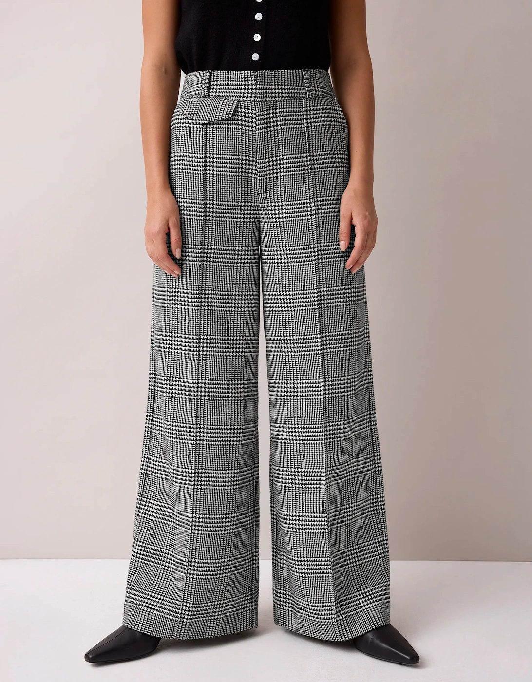 Petite Mono Check Wide Leg Trousers With Wool