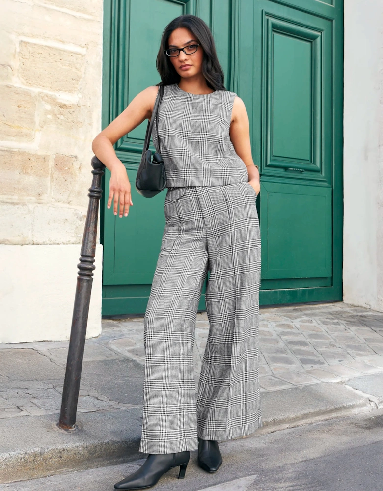 Petite Mono Check Wide Leg Trousers With Wool